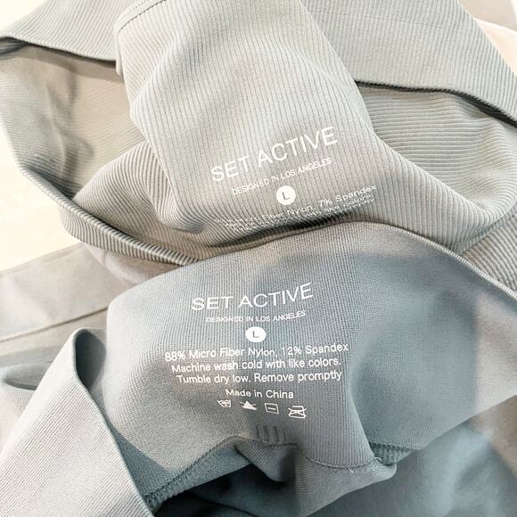 SET Active Sculptflex Power Ribbed Sports Bra Bike Short Set Muted Blue Large - Picture 3 of 8